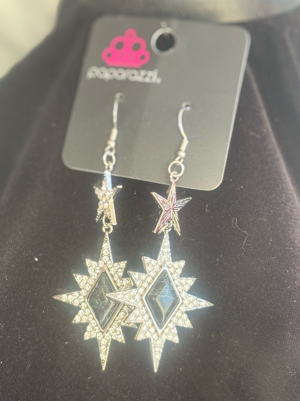 paparazzi Silver Starburst Drop Earrings with Black Centers